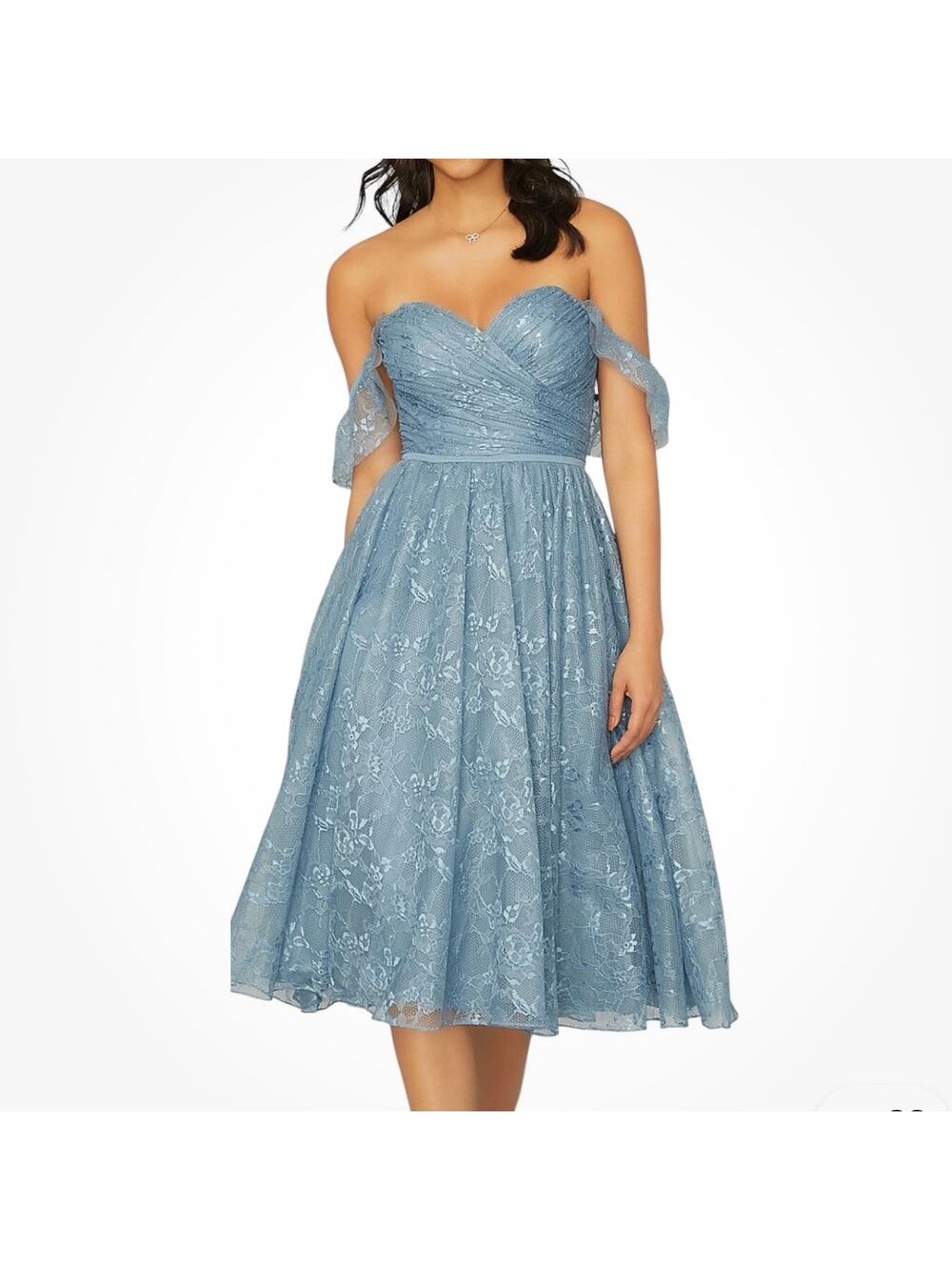 Mori Lee Madeline Gardner Coquette Off Shoulder Lace Dress Women's 12 Blue